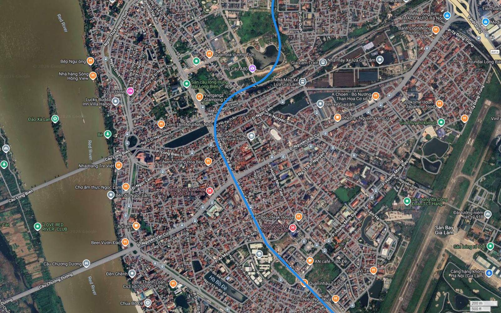 Ảnh vệ tinh khu Ngọc Lâm, Bồ Đề Long Biên với ga Gia Lâm, bến xe Gia Lâm, sân bay Gia Lâm và vạch xanh metro số 2