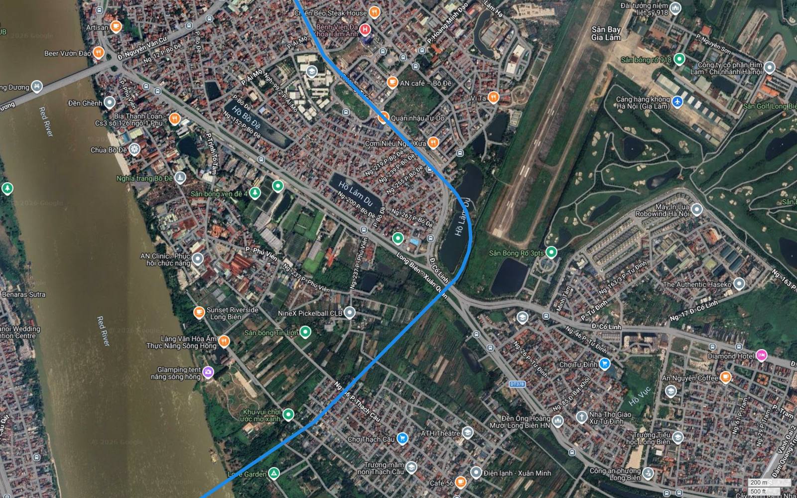 Ảnh vệ tinh khu Bồ Đề, hồ Lâm Du, đường Cổ Linh và Thạch Cầu nơi tuyến metro số 2 Hà Nội tiến ra bờ sông Hồng