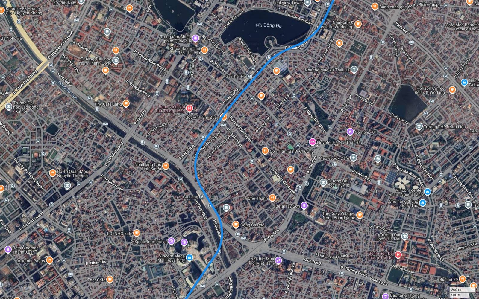Ảnh vệ tinh khu Đống Đa Thanh Xuân với sông Tô Lịch, đường Láng, Ngã Tư Sở, Royal City và tuyến metro số 2 Hà Nội