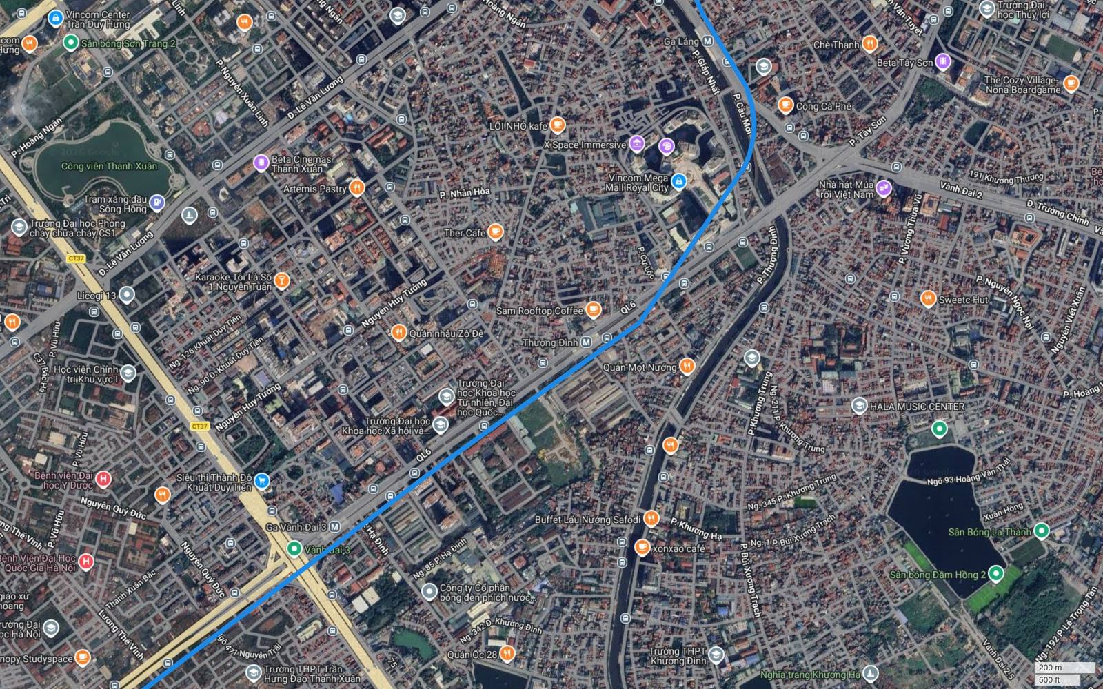 Ảnh vệ tinh Thanh Xuân với đường Nguyễn Trãi, Khuất Duy Tiến CT37, Royal City và tuyến metro số 2 chạy trùng hành lang 2A