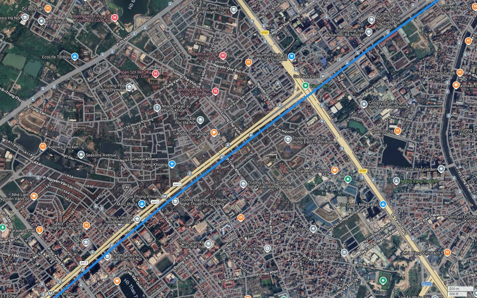Ảnh vệ tinh khu Phùng Khoang, Triều Khúc, Tân Triều với ga Phùng Khoang và ga Văn Quán tuyến 2A cùng hành lang metro số 2
