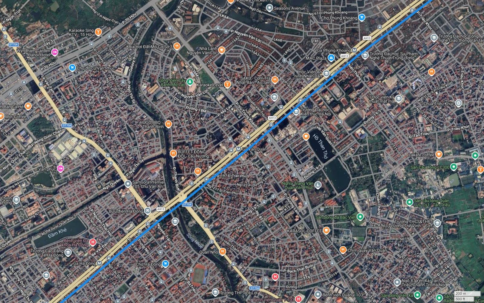 Ảnh vệ tinh khu Văn Quán Hà Đông với sông Nhuệ, đường Trần Phú, Samsora Premier và hành lang metro số 2 trùng tuyến 2A