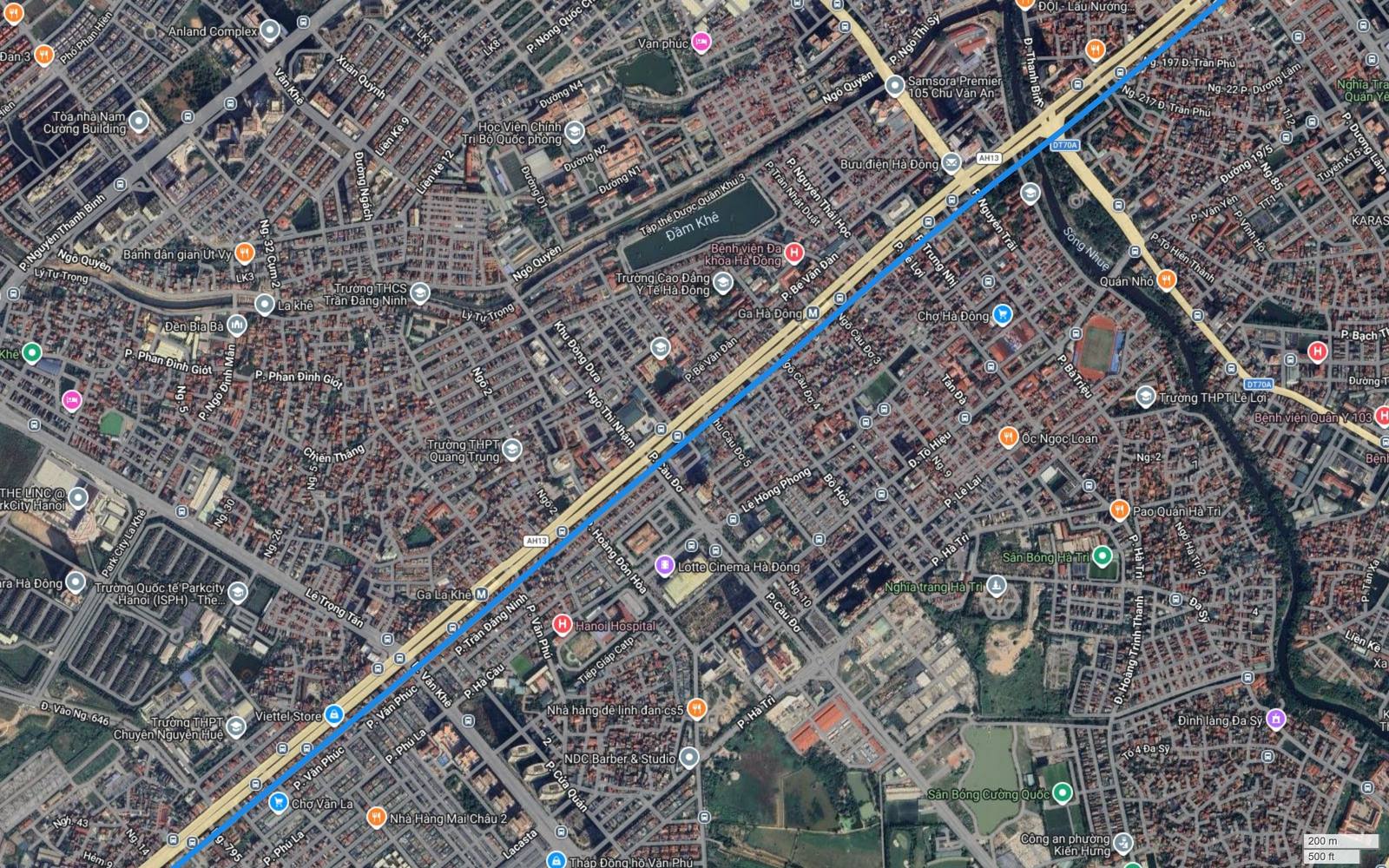 Ảnh vệ tinh trung tâm Hà Đông với đường Quang Trung, chợ Hà Đông, Lotte Cinema, khu ParkCity Hà Nội và tuyến metro số 2