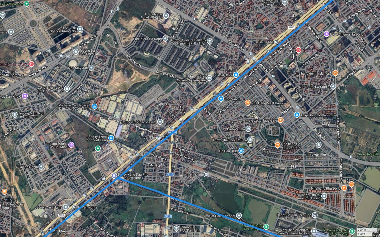 Ảnh vệ tinh khu Ba La, Yên Nghĩa, Văn Phú với ga Hà Đông đường sắt quốc gia, bến xe Yên Nghĩa và điểm tách nhánh metro số 2