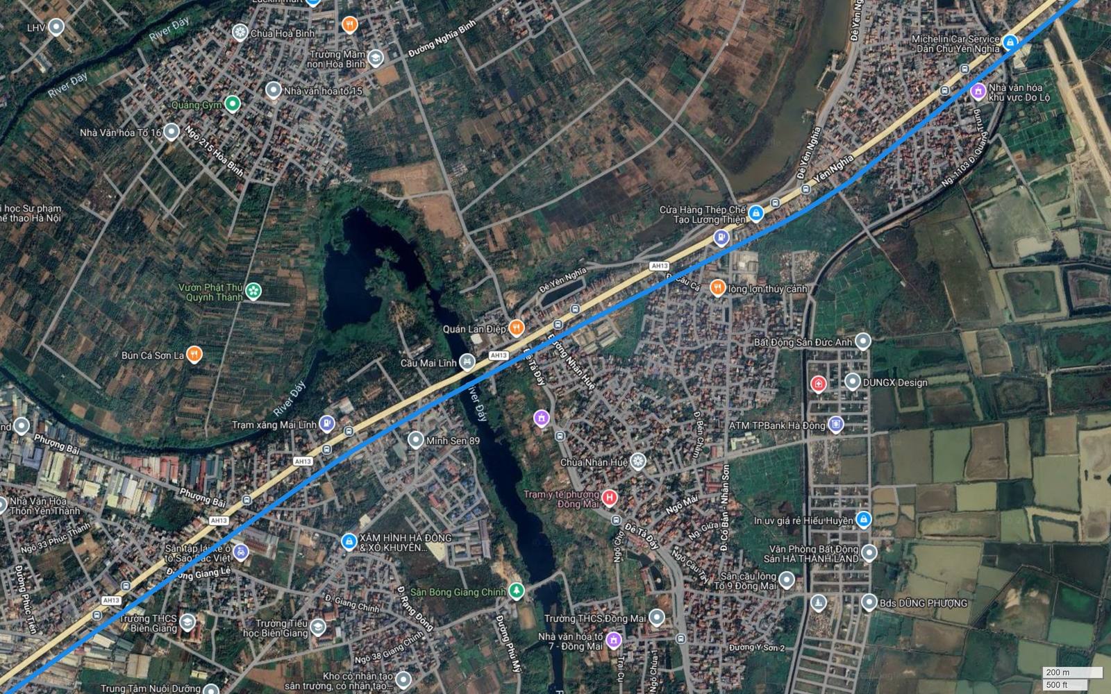 Ảnh vệ tinh điểm vượt sông Đáy tại cầu Mai Lĩnh của tuyến metro số 2 Hà Nội, giữa Biên Giang và Đồng Mai