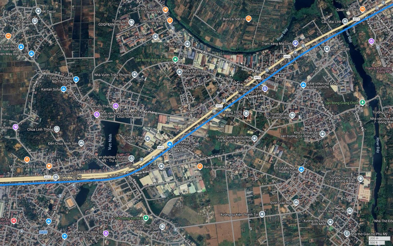 Ảnh vệ tinh khu Chúc Sơn Chương Mỹ với Vực Ninh, Quốc lộ 6 và hành lang metro số 2 rời trục quốc lộ xuống phía nam