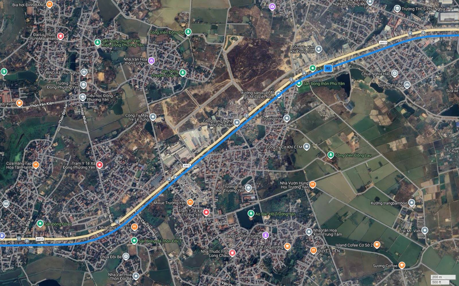 Ảnh vệ tinh khu Trường Yên, Đông Phương Yên với cổng làng nghề mộc Phù Yên và hành lang metro số 2 bám Quốc lộ 6