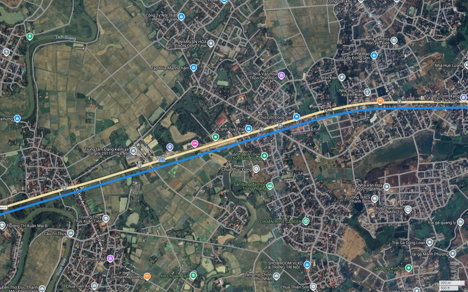 Ảnh vệ tinh khu Đông Sơn, Thanh Bình với Tích Giang, sông Đáy, cầu Trí Thủy và hành lang metro số 2 hướng về Xuân Mai