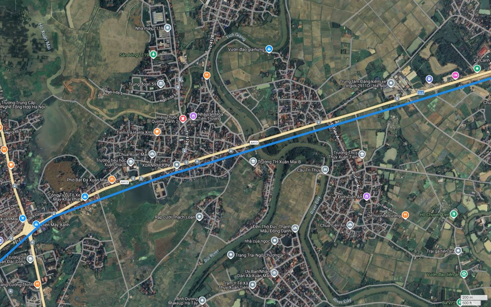 Ảnh vệ tinh khu Xuân Mai, Xuân Phương với sông Đáy, sông Bùi, cầu Trí Thủy và hành lang metro số 2 bám Quốc lộ 6