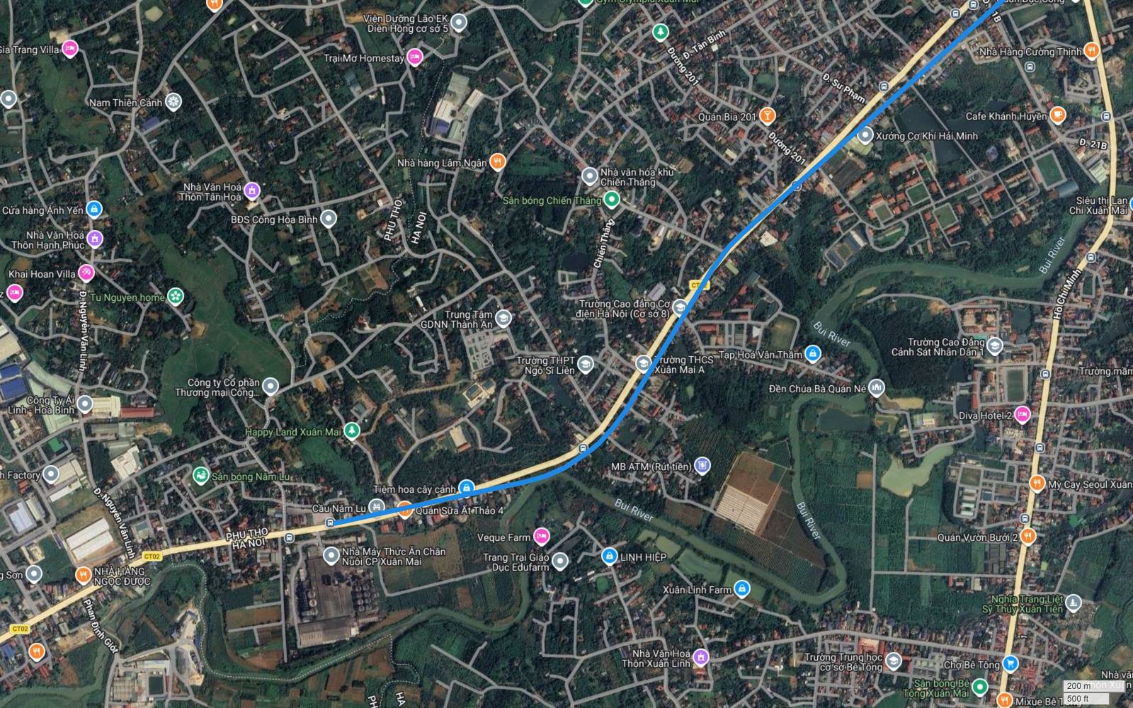 Ảnh vệ tinh khu cầu Năm Lu phía tây Xuân Mai, nơi vạch xanh tuyến metro số 2 Hà Nội kết thúc, gần trục Phú Thọ Hà Nội và cao tốc CT02